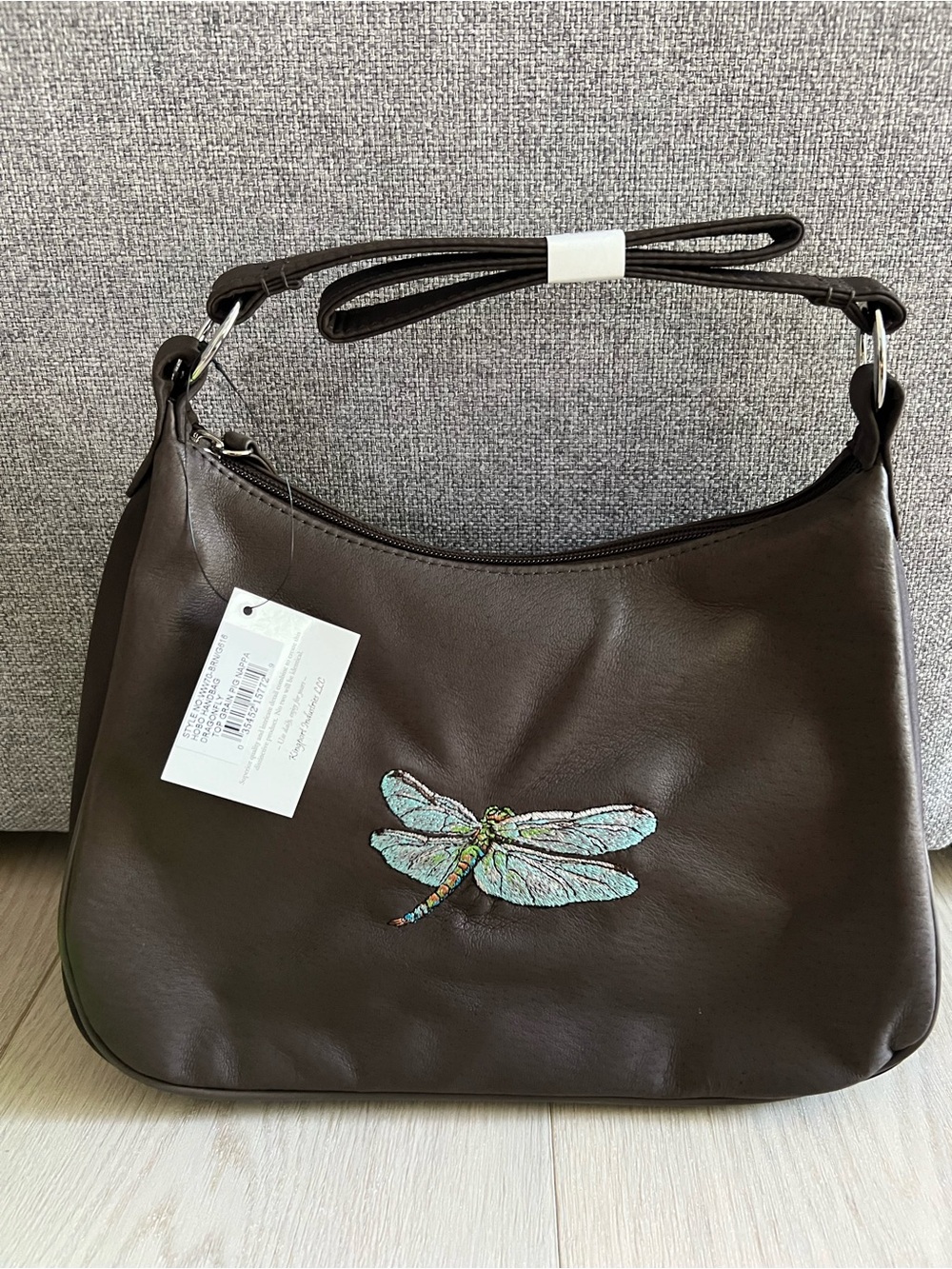 Dark Brown Shoulder Bag with Dragonfly Embroidery
